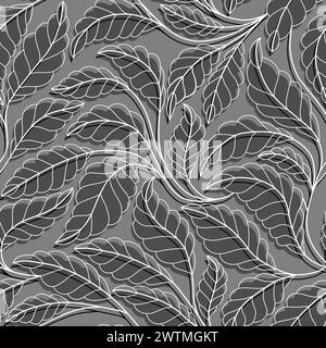 Curved lines Branches Leaves grey and white. Seamless pattern with leaves. Vector illustration for your design.Floral seamless pattern with stylized. Stock Vector