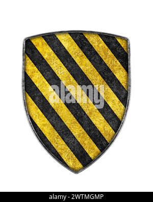 Old metal black and yellow striped shield isolated on white background Stock Photo