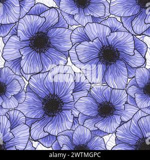 Pattern Seamless Vector Anemones Graphic Purple Flowers Pattern Vector Anemones Wildflower Spring Flowers. Anemone floral botanical flowers. Stock Vector