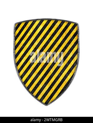 Old metal black and yellow striped shield isolated on white background Stock Photo