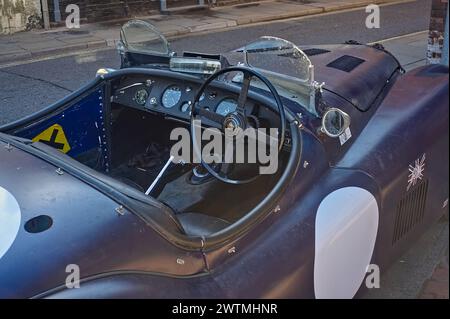 Dashboard view of a blue Jaguar XK40 vintage sports car, Stock Photo