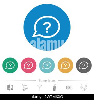 Oval help chat bubble outline flat white icons on round color backgrounds. 6 bonus icons included. Stock Vector