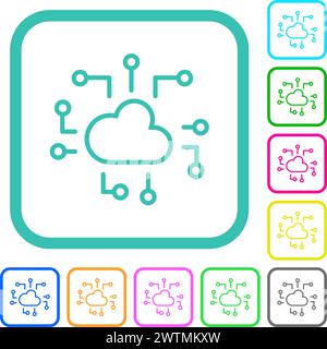 Cloud technology outline vivid colored flat icons in curved borders on white background Stock Vector