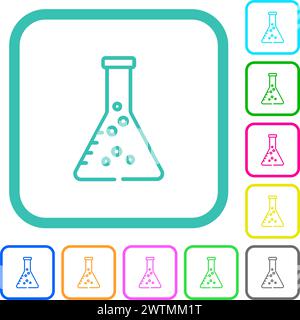 Lab flask with liquid outline vivid colored flat icons in curved borders on white background Stock Vector