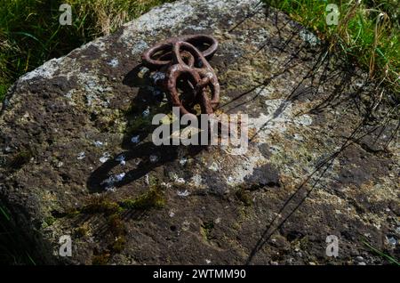 Rusted chain attached to large concrete block used for stabling machinery, found on the shore of Strangford Lough. Stock Photo