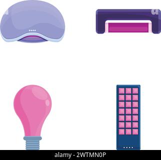 Uv lamp icons set cartoon vector. Luminous lamp with ultraviolet ray. Device with ultraviolet light Stock Vector