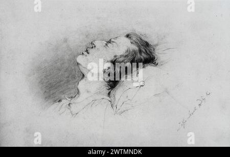 Vintage drawing of Polish composer and pianist Frederic Chopin on his deathbed in 1849 Stock Photo