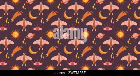 Seamless pattern highlighting a whimsical moth, eye, sun and moon, stars. Delicate folk-style Scandi recurring design for fabric printing, wrapping pa Stock Vector
