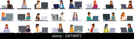 Software programmer girl icons set cartoon vector. It profession. Office tester Stock Vector