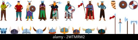 Viking helmet icons set cartoon vector. Medieval nordic warrior. Game asset Stock Vector