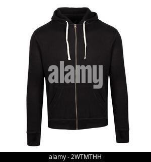 A man is wearing a black hoodie with a white stripe Stock Photo