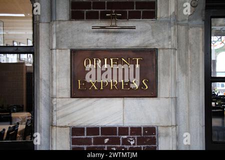 The sign of a famous restaurant 'Orient express' in Istanbul train station, Turkey. Stock Photo