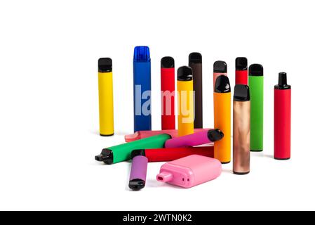 Set of colorful disposable electronic cigarettes of different shapes on a white background. The concept of modern smoking Stock Photo