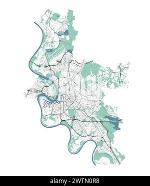 Map of Dusseldorf, Germany. Detailed city vector map, metropolitan area with border. Streetmap with roads and water. Stock Vector