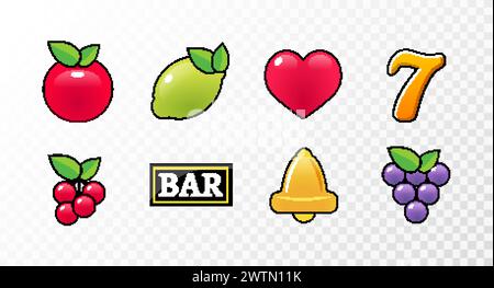 Casino slot machine icon symbol vector fruit cherry jackpot seven bell game lemon Stock Vector