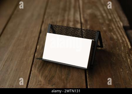 Blank Business Cards In Transparent Card Holder On Dark Wood Table Stock Photo