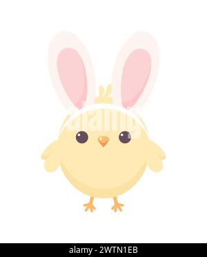 Cute chick wearing bunny ears isolated on white background. Flat vector illustration Stock Vector