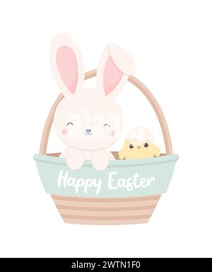 Cute bunny and chick sitting in Easter basket, isolated on white background. Flat vector illustration Stock Vector