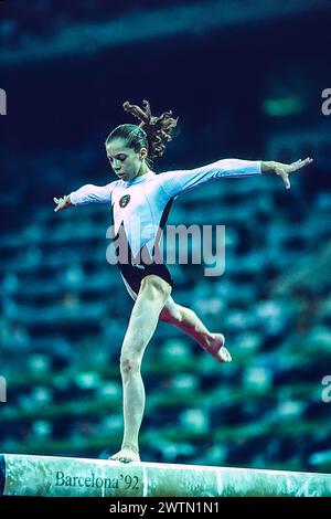 Tatiana Lysenko (EUN) competing in the women's artistic team all-around gymnastics at the 1992 Olympic Summer Games. Stock Photo