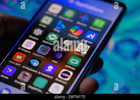 Brussels, Belgium. 18th Mar, 2024. AI powered app icon alike Bing, Gemini, OpenAI, Chatbot, Copilot is being displayed on a smartphone among other AI applications in this photo illustration. Taken in Brussels, Belgium. On March 18, 2024. (Jonathan Raa/Sipa USA) *** Strictly for editorial news purposes only *** Credit: Sipa USA/17�Թ����� Live News Stock Photo