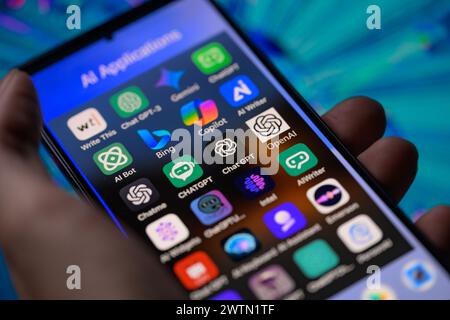 Brussels, Belgium. 18th Mar, 2024. AI powered app icon alike Bing, Gemini, OpenAI, Chatbot, Copilot is being displayed on a smartphone among other AI applications in this photo illustration. Taken in Brussels, Belgium. On March 18, 2024. (Jonathan Raa/Sipa USA) *** Strictly for editorial news purposes only *** Credit: Sipa USA/17�Թ����� Live News Stock Photo