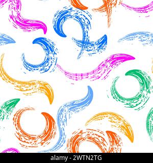 Seamless pattern with paint brush strokes vector collection. Hand drawn curved and wavy lines with grunge circles and squiggles. Chaotic ink brush scr Stock Vector