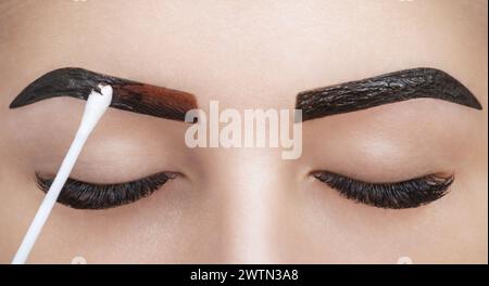 makeup artist applies paint henna on eyebrows in a beauty salon. Professional care for face. Stock Photo