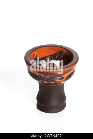 Brown black ceramic clay hookah bowl isolated on white background. Stock Photo