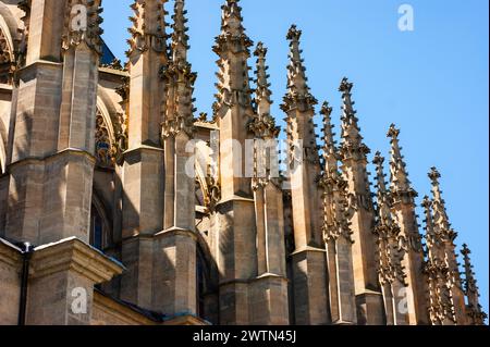 Tall spires, steeples show intricate decoration on Kutna Hora St Barbara Cathedral in Czech Republic. Church is known as the miners' church. Stock Photo