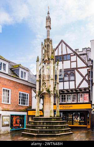 The City Cross, also known as the Buttercross, has been dated to the 15th century, and features 12 statues of the Virgin Mary, other saints and histor Stock Photo