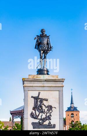 Statue of the writer Miguel de Cervantes in the Plaza de Cervantes in Alcalá de Henares. Alcalá de Henares, Comunidad de Madrid, Spain ,Europe Stock Photo