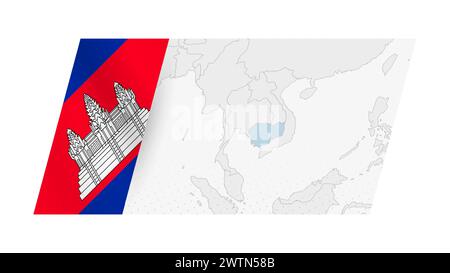 Cambodia map in modern style with flag of Cambodia on left side. Vector illustration of a map. Stock Vector