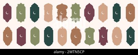 Shape Islamic door and window silhouette Arabic arch with crescent moon. Collection of patterns in oriental style. Frames in Arabic Muslim design for Stock Vector