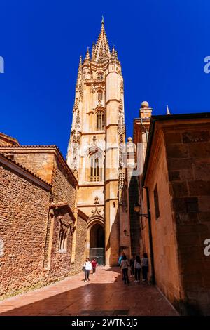 The cathedral bell tower seen from Santa Ana Street. The Metropolitan Cathedral Basilica of the Holy Saviour or Cathedral of San Salvador. Oviedo, Pri Stock Photo