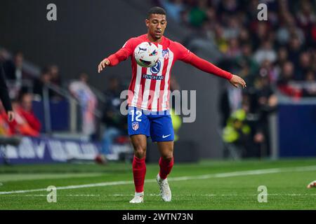 MADRID, SPAIN - MARCH 17: Samuel Lino Left Winger of Atletico de Madrid controls the ball during the LaLiga EA Sports match between Club Atletico de Madrid and FC Barcelona at Civitas Metropolitano Stadium on March 17, 2024 in Madrid, Spain. (Photo By Francisco Macia/Photo Players Images) Stock Photo