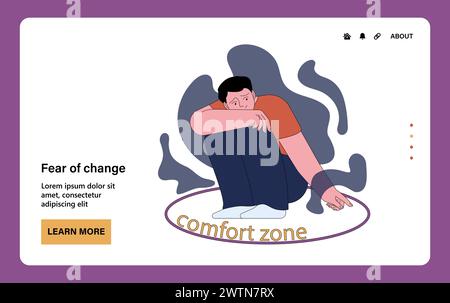 Fear of change, metathesiophobia. Scared or hesitating male character in his comfort zone, avoid changing circumstances. Emotional and existential fears of unknown. Flat vector illustration Stock Vector