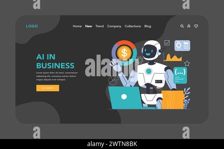 Ai integration dark or night mode web, landing. Artificial intelligence and human synergy. Neural network assistance and robotization. Big data processing. Flat vector illustration Stock Vector