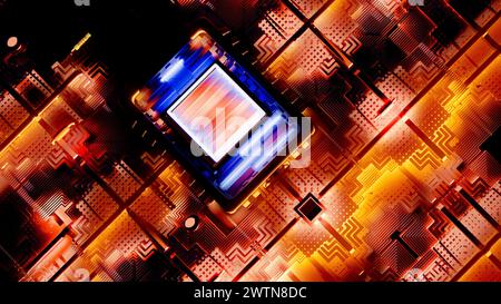 Microchip, power and speed. Presentation of the new microchip. Processor of a computer. Printed circuits. Information, quantum computer Stock Photo