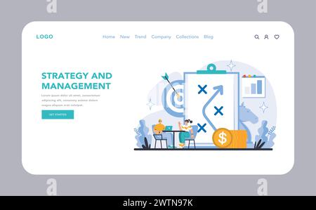 Strategy and management web or landing page. Executives collaborate on goals, analyze financial growth. Targeting success, optimizing resources, charting progress. Flat vector illustration. Stock Vector