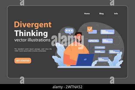Divergent thinking concept. Man at laptop navigates decision pathways, contrasting Standard and Special routes. Choices, flowchart, strategy. Flat vector illustration Stock Vector