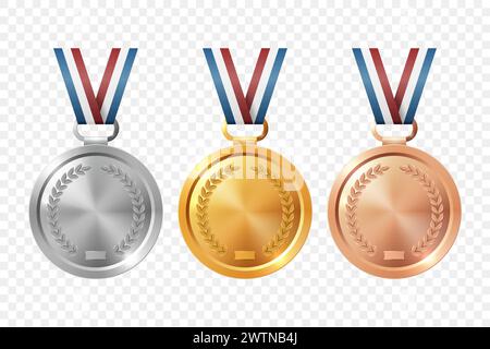 Vector Realistic Blank Golden, Silver, Bronze Award Medal Icon Set, Closeup, Isolated. First, Second, Third Place Prizes. Design Template for Sport Stock Vector