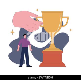 Fear of inadequacy. Man standing right behind a large undeserved trophy or prize. A tiny inferior person experiencing feelings of insignificance standing small. Flat vector illustration Stock Vector