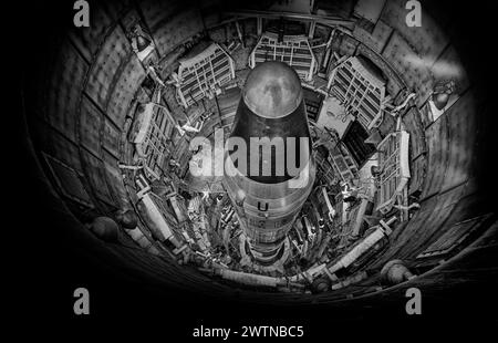 A grayscale shot of the American Titan Intercontinental Ballistic Missile in the silo Stock Photo