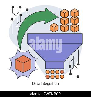 Data Integration. Streamlining diverse data sources into a unified system for enhanced decision-making. Unified data structure and connectivity. Flat vector illustration. Stock Vector