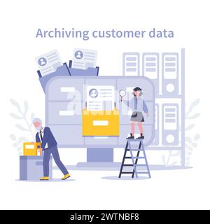KYC concept. Archiving Customer Data. Methodical organization and secure storage of client information, ensuring privacy and compliance. Flat vector illustration. Stock Vector