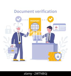 KYC concept. Document Verification. A focused scene on passport authentication, ensuring reliable identity checks for secure transactions. Flat vector illustration. Stock Vector