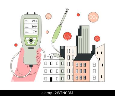 Air quality index. Handheld device measures urban CO2 levels. Air pollution monitoring. Urban environment management. Flat vector illustration Stock Vector