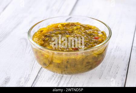 Pickled cucumber relish in the glass bowl Stock Photo