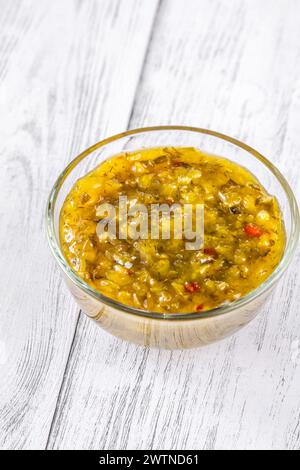 Pickled cucumber relish in the glass bowl Stock Photo