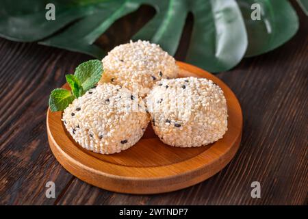 Portion of sesame mochi japanese rice cake Stock Photo